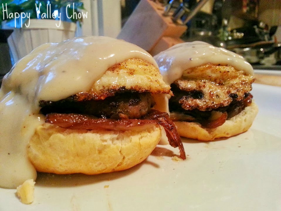 Sausage & Gravy over Biscuits w/ Fried Egg & Caramelized Onions